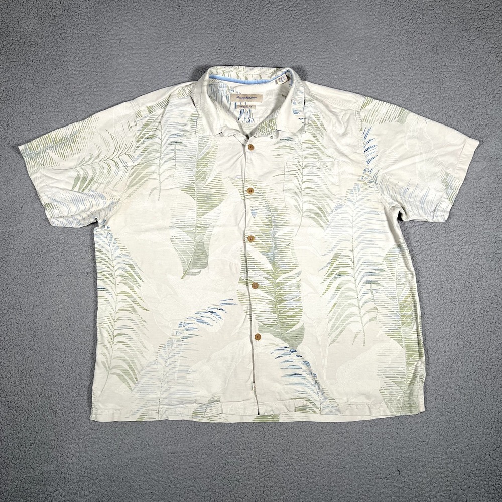 Tommy Bahama Shirt Mens XXL Beige Floral Hawaiian 100%‎ Silk Casual Beach Logo